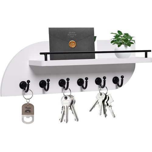 Porte-Clés Pour Mur, Organiseur De Clés Et De Courrier Décoratif Avec 6 Crochets En Métal Robustes Et Étagère Flottante, Porte-Clés Mural En Bois De 35,6 Cm Pour Entrée, Blanc Et Noir