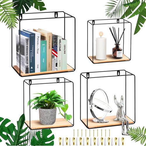 Étagères Murales,Lot De 3 Etagère Murale Noir Avec Socle En Bois,Etagere Murale Bois Et Metal Noir Petite Etagere Murale,Etagere Murale Design Étagère Murale Industrielle