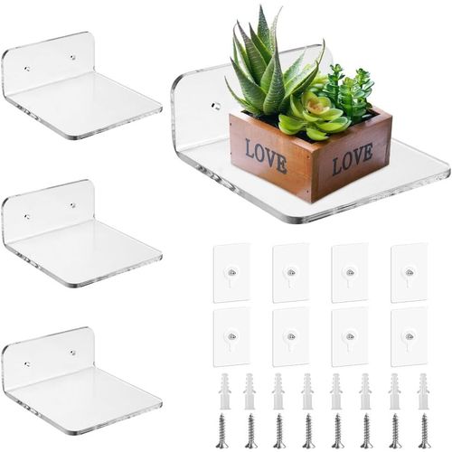 4 PCS 10 * 10 * 4cm Petite Étagère Murale sans Percage Petite Étagère Murale Salle de Bain Étagère Acrylique Transparente Étagère Flottante Murale Acrylique pour Clés Ornements
