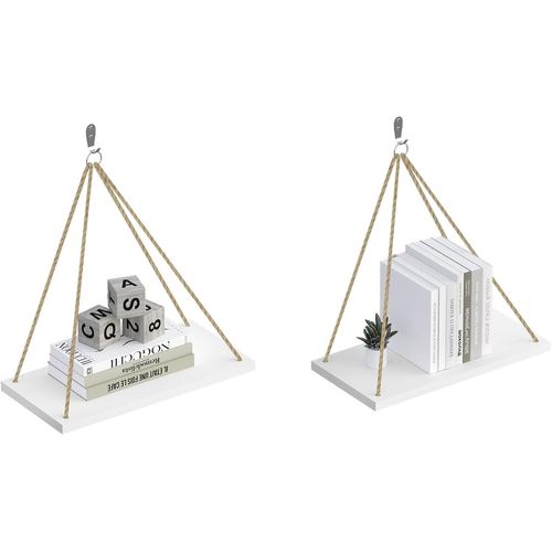 Lot De 2 Étagères Murales Suspendues En Bois Mdf Avec Cordes, Étagères Flottantes Décoratives De Style Scandinave, Pour Salon, Chambre, Salle De Bain, Cuisine, Balcon, 40x20x1,8cm, Blanc