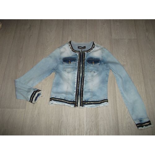 Veste Jean Realty Délavé Frrangée Et Chainettes Dorées 38 Tbe