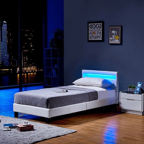 Home Deluxe Lit Rembourré 'astro' -Taille: 90 X 200 Cm - Couleur: Blanc- Sommier Inclus, Éclairage Led I Lit Avec Led, Sommier À Lattes, Lit En Similicuir, Lit Capitonné À Led, Sans Matelas