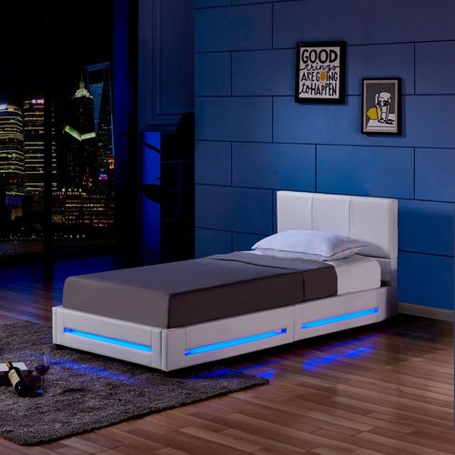 Home Deluxe Lit Rembourré 'asteroid' -Taille: 90 X 200 Cm - Couleur: Blanc- Sommier Inclus, Éclairage Led I Lit Avec Led, Sommier À Lattes, Lit En Similicuir, Lit Capitonné À Led, Sans Matelas