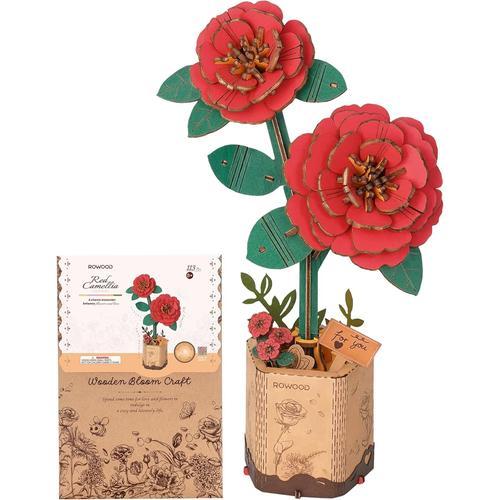 Puzzle 3D, Fleur en Bois, kit de modélisation de Fleurs artificielles à Assembler pour Adultes (Red Camellia)