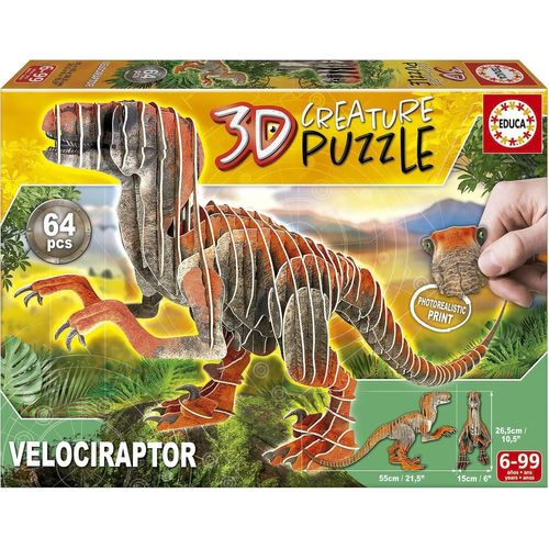 Puzzle 3d Créature Vélociraptor | Assemblez Votre Propre Dinosaure En 3d De 55 Cm De Long Et 26,5 Cm De Haut. 64 Pièces En Carton Recyclé. Images Photoréalistes | A Partir De 5 Ans (19382)