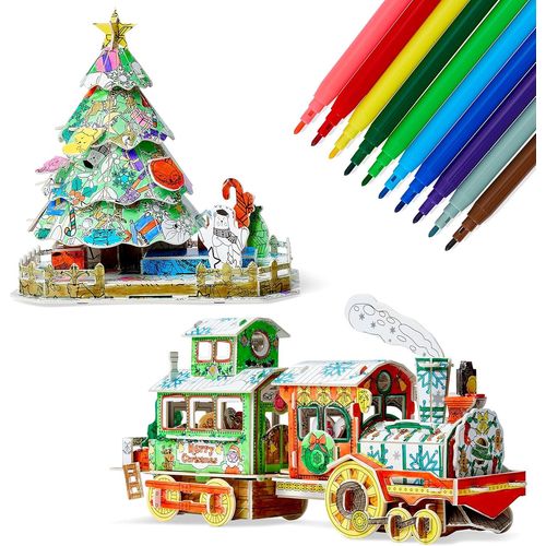 Ensemble Cadeau Puzzle 3d Sapin De Noël & Train Pour Construire & Colorer Vous-Même Avec 10 Marqueurs - Activité Créative Pour Enfants & Adultes