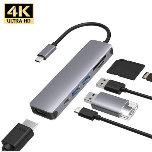 Hub USB-C 6 en 1 pour adaptateur MacBook-Pro Type C Lecteur de carte SD multiport 4K HDMI