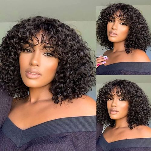 180% Densité Perruque Courte Noire Avec Frange 12 Pouces Perruque Naturelle Courte Droite Pour Femmes Kinky Curly Wig Human Hair Frange Perruque Femme Naturelle Bresilien Bouclee 
