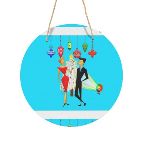 Panneau Métallique Rond Fête de Noël moderne du milieu du siècle MCM Retro Cocktail Party en Aluminium 29cm - Impression Décorative Murale pour Maison, Bar, Café