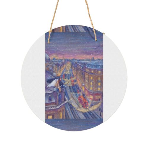 Panneau Métallique Rond Les anges d'hiver de Londres sur un toit en Aluminium 29cm - Impression Décorative Murale pour Maison, Bar, Café