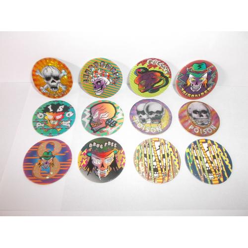 Lot De 12 Pogs « Spécial Crâne Humain » (Tête De Mort - Poison) - Années 1990