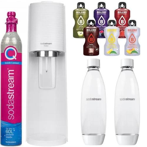 SodaStream Machine à Eau Pétillante Terra Blanc - Pack 1 Bouteille 1L + 1 Bouteille PET Blanche 1L + Boissons en Poudre Bolero