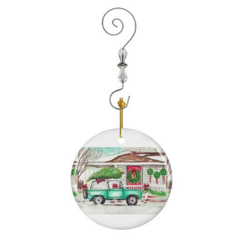 Ornements de Noël Voiture ancienne avec arbre de Noël à l'aquarelle en Céramique avec Crochet et Cristal- Décorations pour Sapin de Noël, Souvenirs