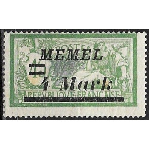Lituanie, Enclave De Memel Sous Adm Française 1922, Beau Timbre Yvert 72, Type Merson 45c. Vert Jaune Et Gris Surchargé "Memel 4 Mark".