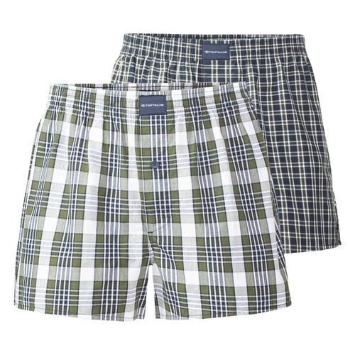 Tom Tailor Boxers Pour Hommes, Lot De 2 - Sous-Vêtements, Caleçons, Coton, Logo, À Carreaux Bleu/Vert/Blanc L (Large)