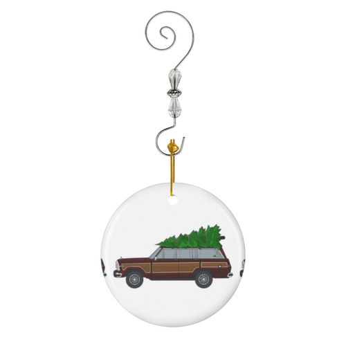 Ornements de Noël Arbre de Noël sur voiture ancienne (marron) en Céramique avec Crochet et Cristal- Décorations pour Sapin de Noël, Souvenirs