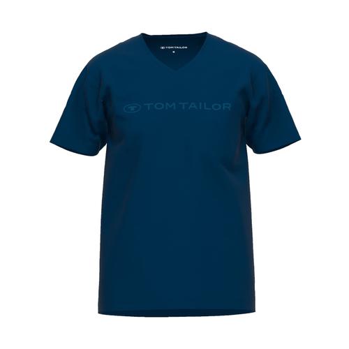Tom Tailor T-Shirt Homme - Manches Courtes, Col V, Coton, Imprimé, Uni Bleu S (Small)