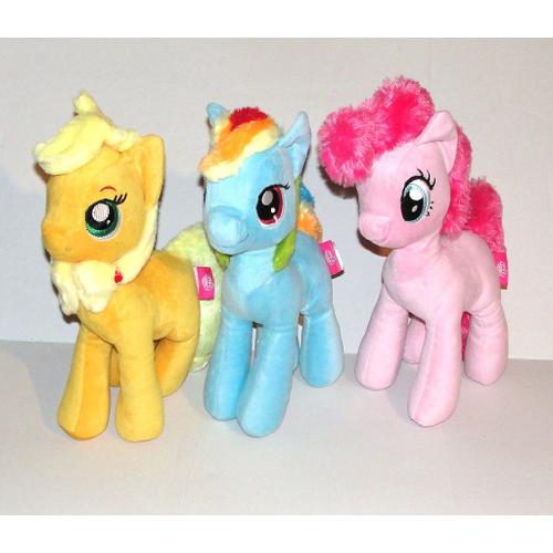 Lot De 3 Doudou Peluches My Little Pony Pinkie Pie Rose Raindow Dash Bleu Et Applejack Jaune 2016 Hasbro Famosa 30cm