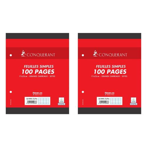 Conquérant Lot De 2 Feuilles Simples 17x22cm 100 Pages 90g Grands Carreaux Sous Film Blanches