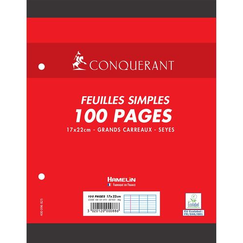 Conqu¿Rant Feuilles Simples 17x22cm 100 Pages 90g Grands Carreaux Sous Film Blanches