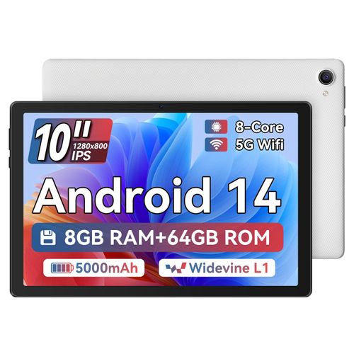 AEEZO Tablette 10 Pouces, Tablette Android 14 Octa Core, 8GB RAM 64GB ROM 1TB TF, 5G + 2.4G WiFi 6, Bluetooth 5.0, 1280x800 IPS, 5000mAh, 8 + 5MP Double Caméra, Dernière Tablettes Widevin L1 (Blanc)