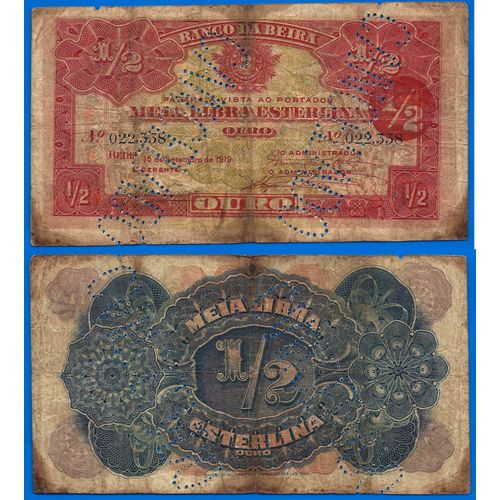 Mozambique 1/2 Libra Sterling 1919 Livre Cancelado Beira Colonie Portugal Billet