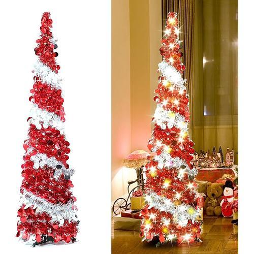 Sapins De Noel Artificiels Pliables Avec Lumieres,1,5M-Sapin De Noel Pop-Up-Sapin De Noel Scintillant Avec Support(Rouge Et Blanc)