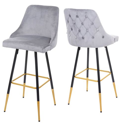 2x Tabourets De Bar Comptoir Chaise Haute Pieds Dorés En Velours Design Rétro Gris Dossier Capitonné 04_0000493