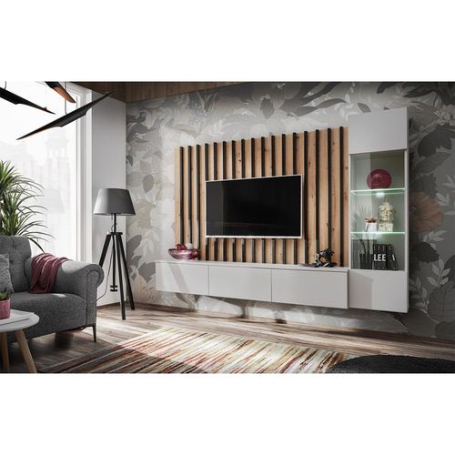 Ensemble De Meubles De Salon Suspendus Avec Fond Mural Décoratif Collection Tashya. Couleur Chêne, Gris Perle Et Noir