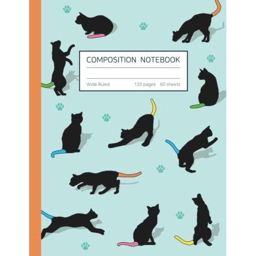 Color Tail Black Cat Wide Ruled Composition Notebook: Color Tail Black Cat | 7.5 X 9.75 Inches Composition Notebook 120 Pages 60 Sheets