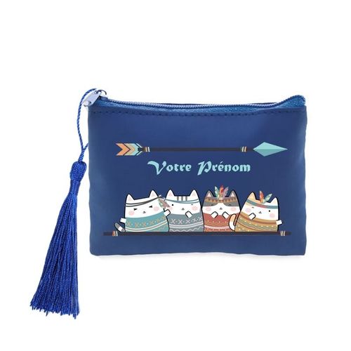 Porte monnaie et cles bleu avec motif chat boho plume personnalisable