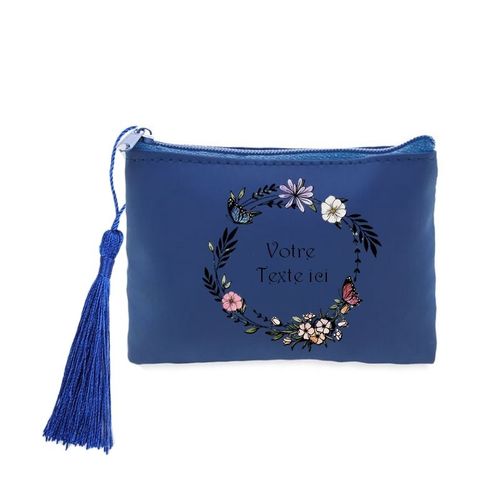 Porte monnaie et cles bleu fleur et papillon personnalisee