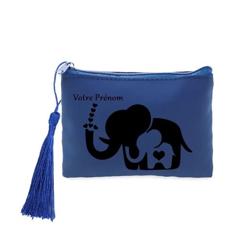 Porte monnaie et cles bleu elephant et maman coeur personnalisable