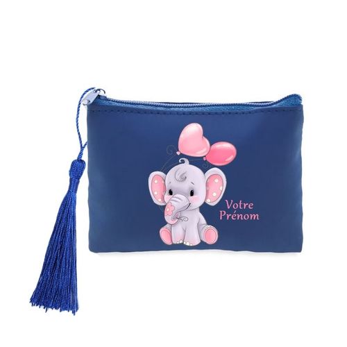 Porte monnaie et cles bleu elephant et coeur personnalisable