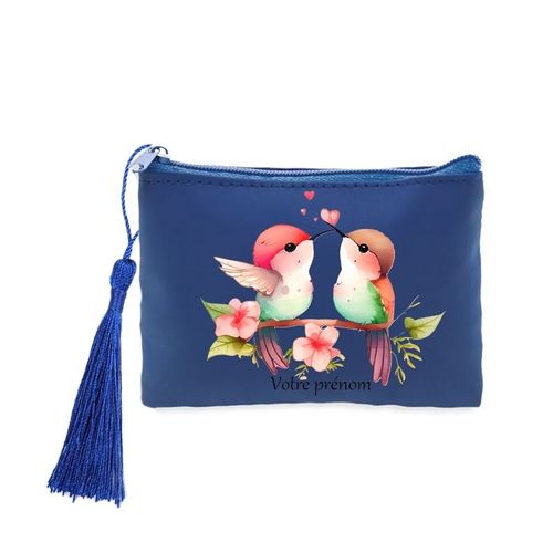 Porte monnaie et cles bleu oiseau colibri et coeur personnalise