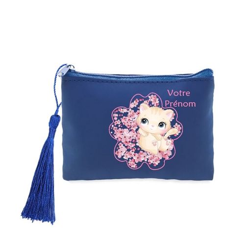 Porte monnaie et cles bleu chat et fleur de cerisier personnalisable