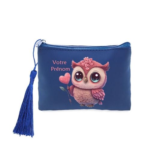Porte monnaie et cles bleu chouette et fleur personnalise