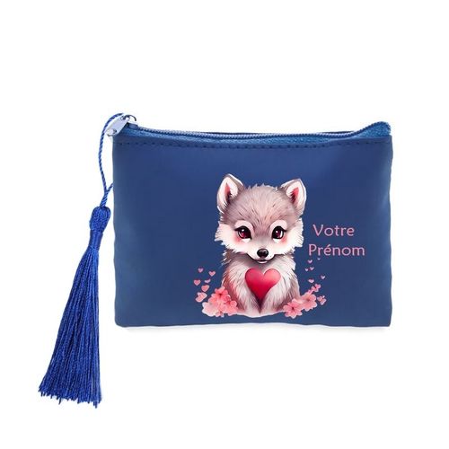 Porte monnaie et cles bleu chien et fleur de cerisier coeur personnalisable