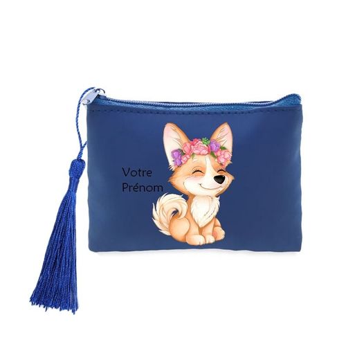 Porte monnaie et cles bleu chien et fleurs kawaii personnalisable