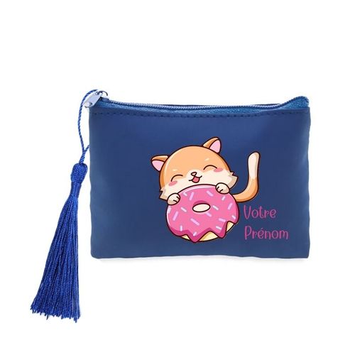 Porte monnaie et cles bleu chat donut personnalisable