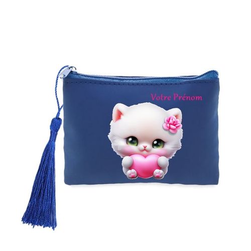 Porte monnaie et cles bleu chat peluche personnalisee