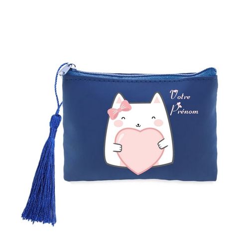 Porte monnaie et cles bleu chat coeur personnalisee