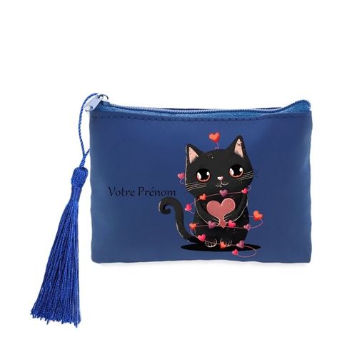 Porte monnaie et cles bleu chat saint valentin et coeur personnalisee