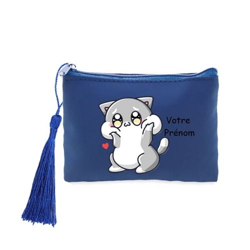 Porte monnaie et cles bleu chat kawaii personnalisable