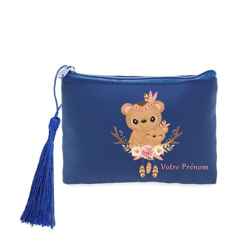 Porte monnaie et cles bleu ourson maman personnalisable