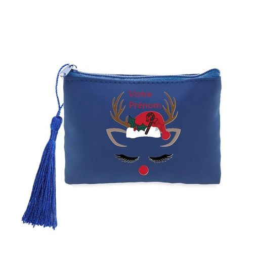 Porte monnaie et cles bleu noel vibes renne personnalisable