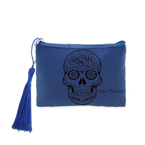 Porte monnaie et cles bleu mort noir mexicaine calavera personnalisable