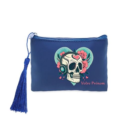 Porte monnaie et cles bleu Mort calavera coeur music personnalisable