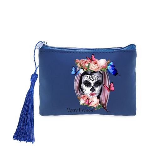 Porte monnaie et cles bleu Mort calavera fleur mexicaine personnalisable
