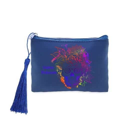 Porte monnaie et cles bleu Mort calavera fleur multicolore personnalisable
